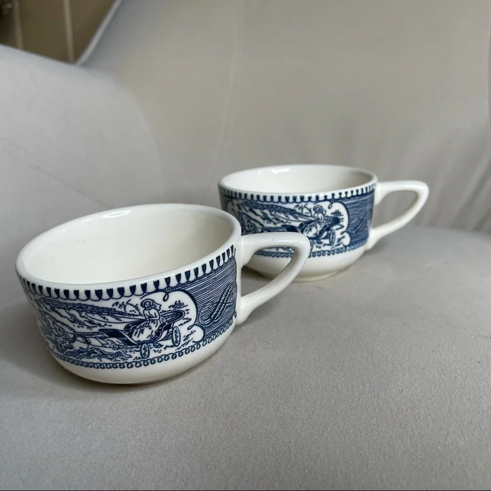 Vintage Currier & Ives Blue Cup Horse and Carriage Coffee Mug USA Made Set Of 2